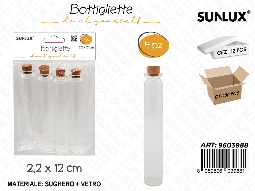 Sunlux Bottigliette in Vetro c/Tappo Sughero 4PCS 2.2*12CM