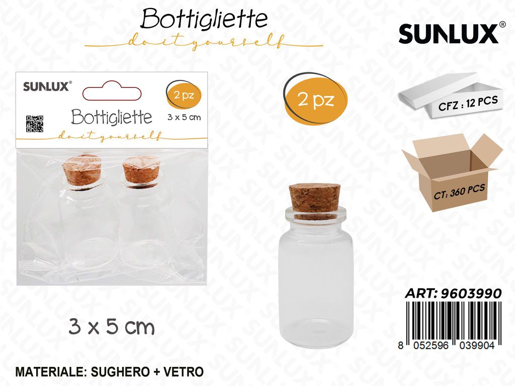 Sunlux Bottigliette in Vetro c/Tappo Sughero 2PCS 3*5CM