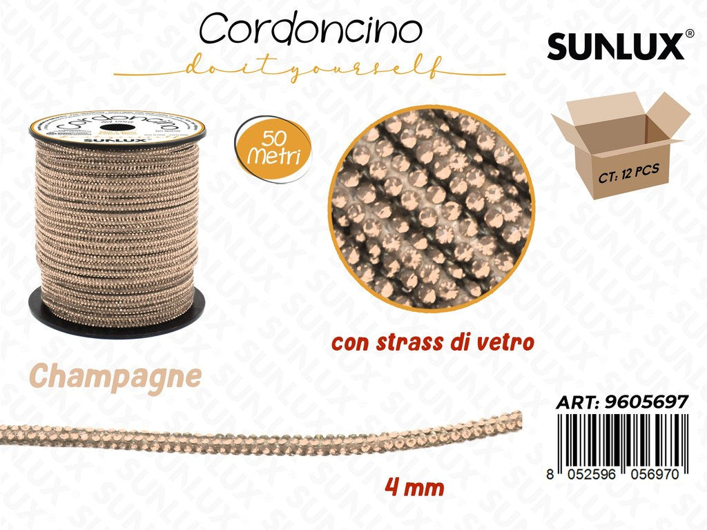 Sunlux Cordoncino Diy Champagne c/Strass Vetro 4MM*50MT