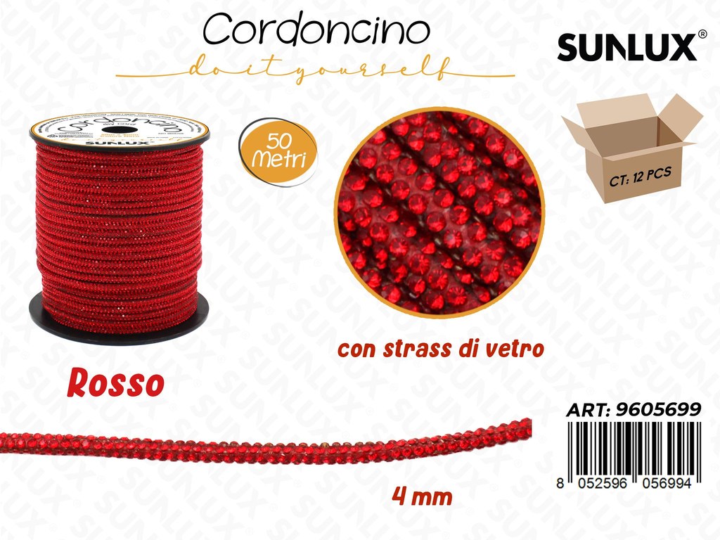 Sunlux Cordoncino Diy Rosso c/Strass Vetro 4MM*50MT