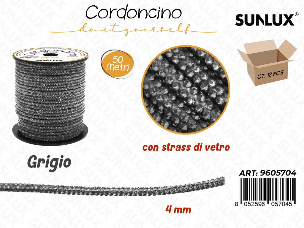 Sunlux Cordoncino Diy Grigio c/Strass Vetro 4MM*50MT