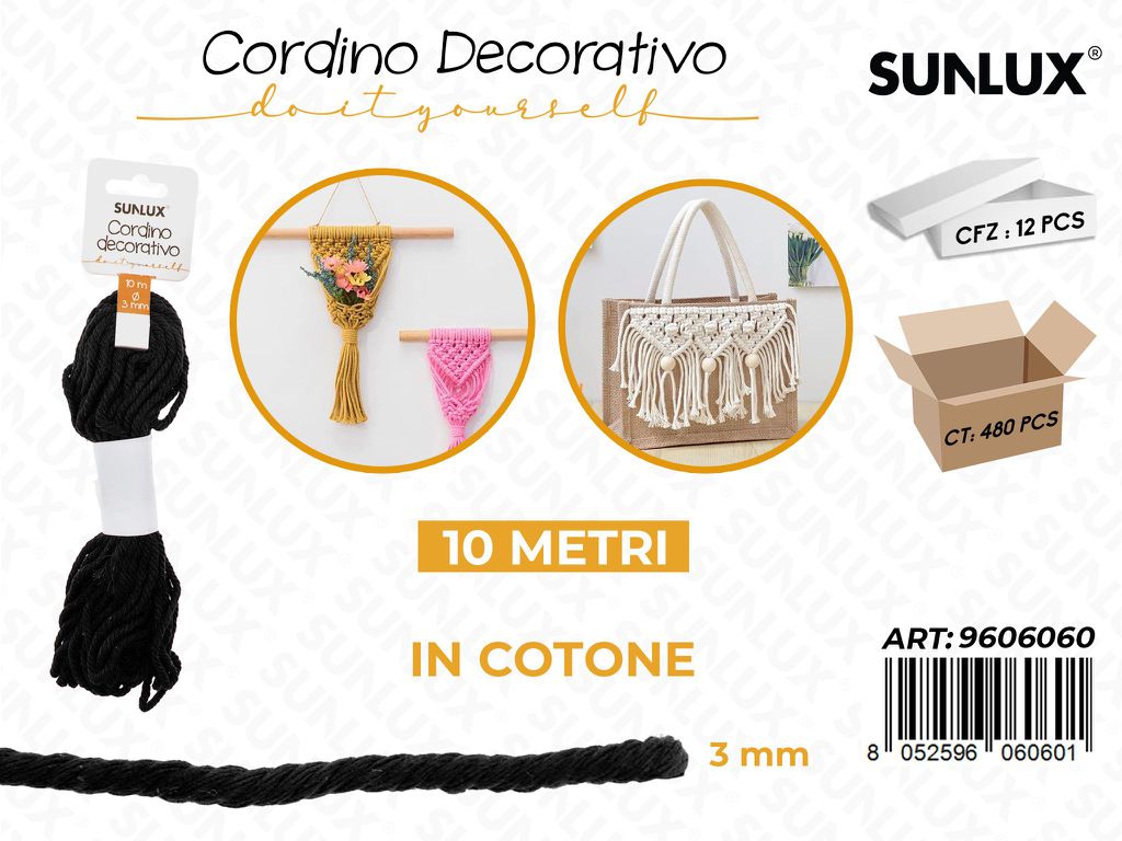 Sunlux Cordino Dec. in Cotone Nero 3MM*10MT