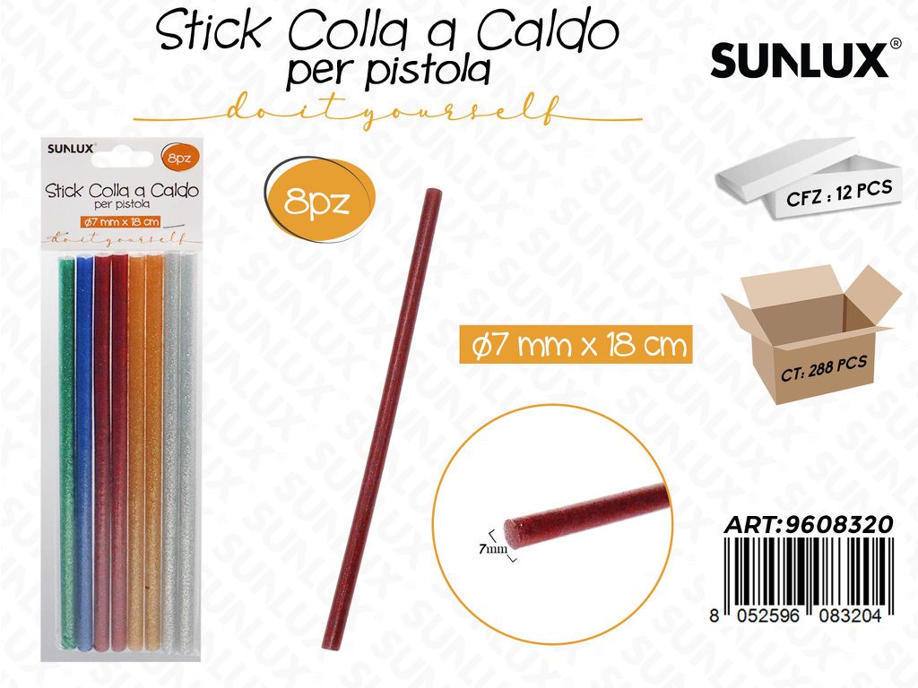 Sunlux Stick Colla a Caldo Ass. 8PCS 7MM*18CM