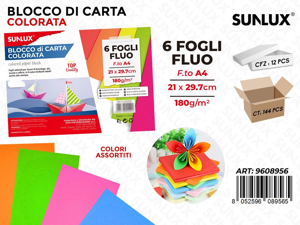 Sunlux Blocco di Carta 6FF Col. Fluo 21*29.7CM 180G