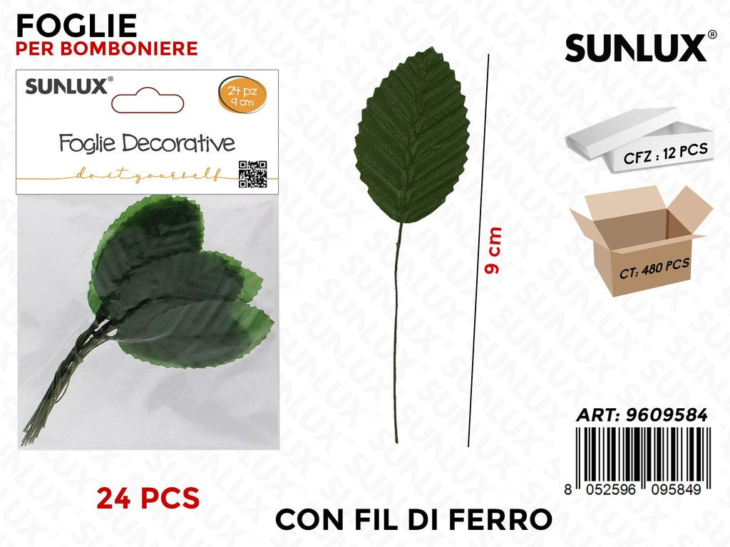 Foglie Dec. c/ Fil di Ferro Verde S. 24PCS 9CM