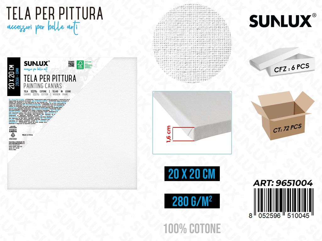 Sunlux Tela per Pittura 20*20CM 16MM 280GR