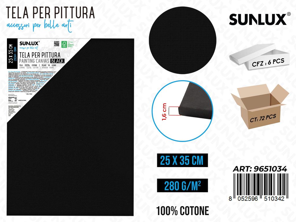 Sunlux Tela per Pittura Nero 25*35CM 280G
