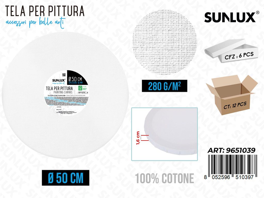 Sunlux Tela per Pittura Bianco D.50CM 280G