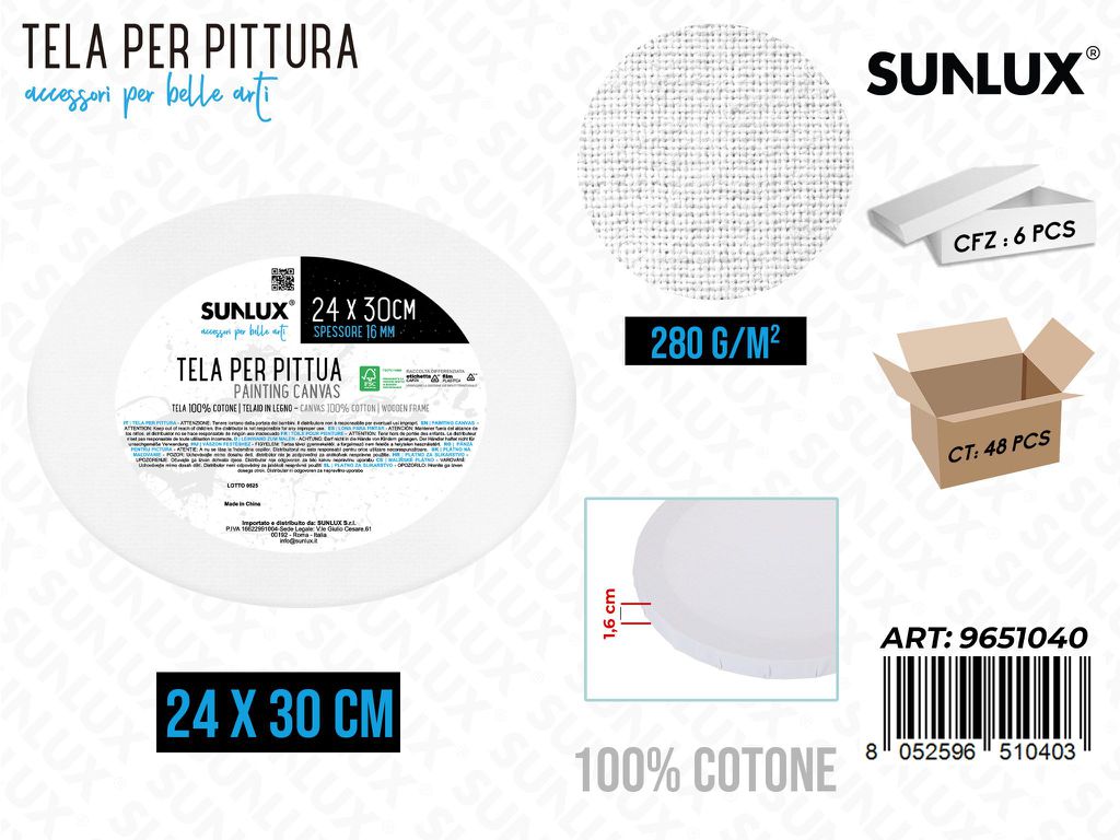 Sunlux Tela per Pittura Bianco 24*30CM 280G