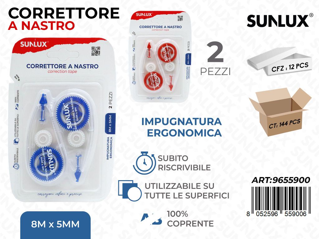 Sunlux Correttore a Nastro 2PCS 5MM*8MT Ass.