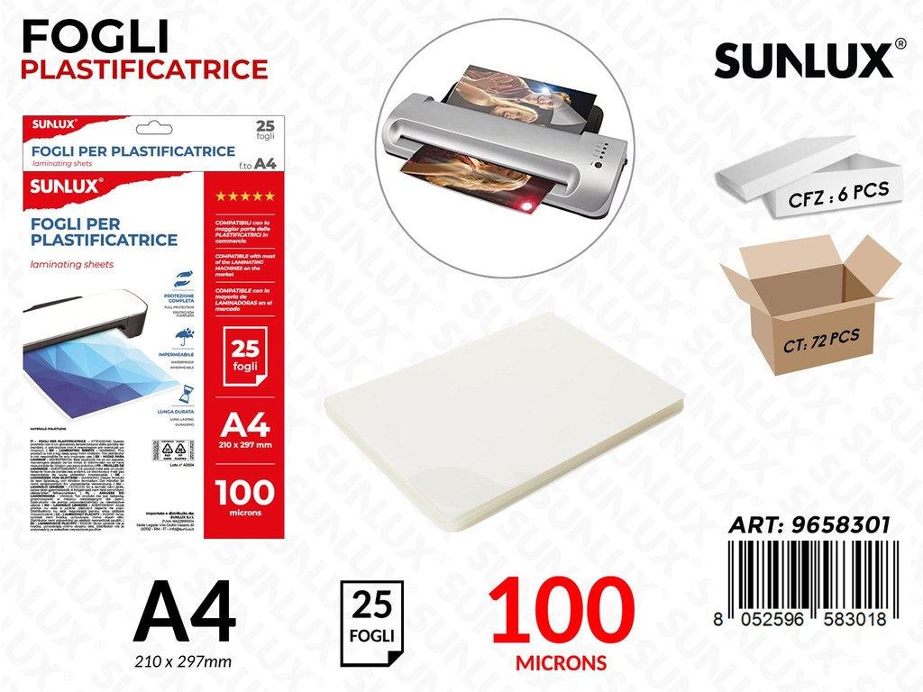 Sunlux Fogli Plastificatrice A4 100MICRONS 25FF