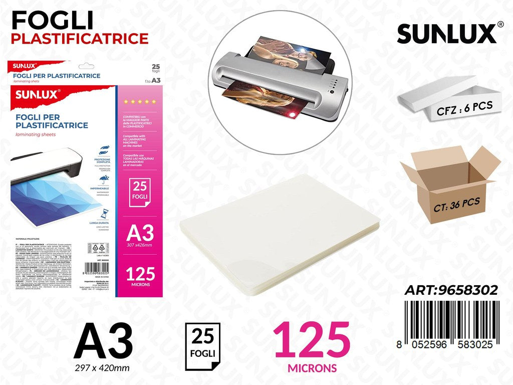 Sunlux Fogli per Plastificatrice A3 125micrometro 25FF