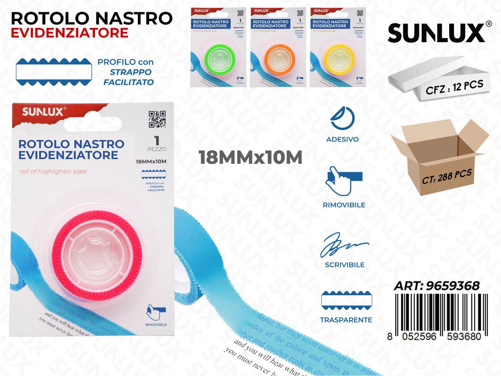 Sunlux Rot. Nastro Evidenziatore Ass. 18MM*10MT