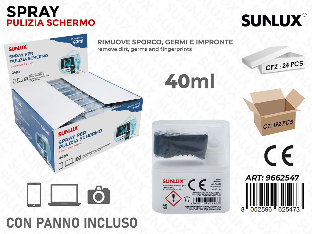 Sunlux Spray Pulizia Schermo c/ Panno 40ML