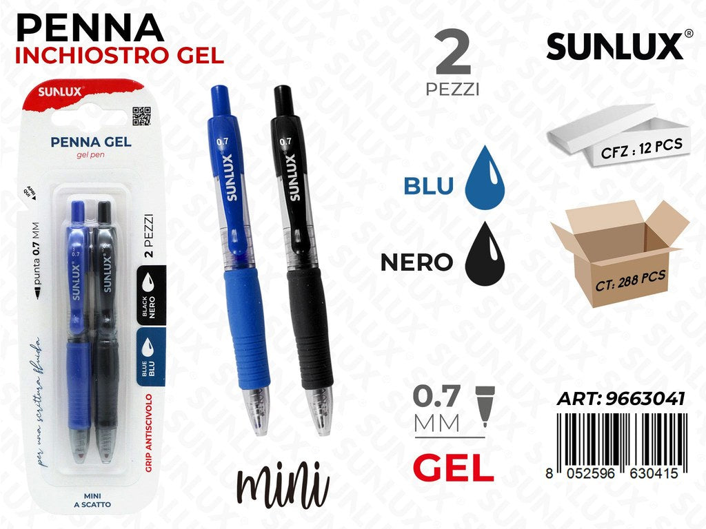 Sunlux Penna Gel Mini a Scatto Nero-blu 2PCS 0.7MM