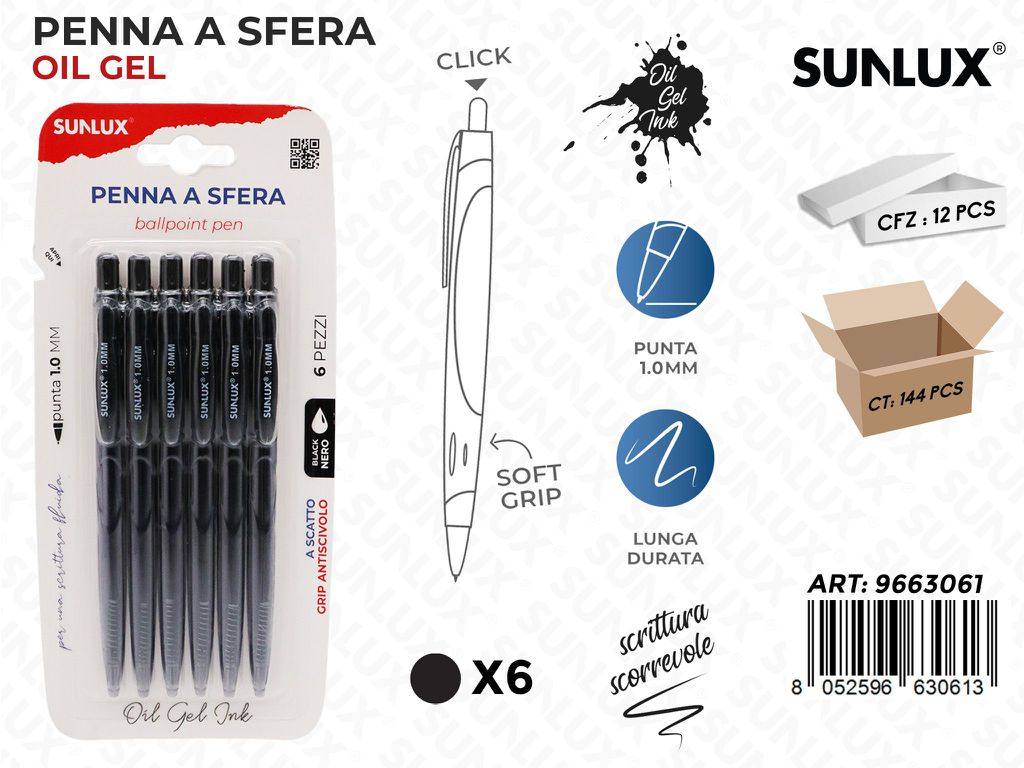 Sunlux Penne a Sfera Oil Gel Nero 6PCS 1.0MM