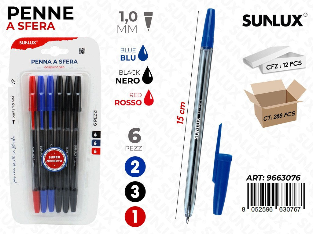 Sunlux Penne a Sfera 3COL. 6PCS 1.0MM 15CM