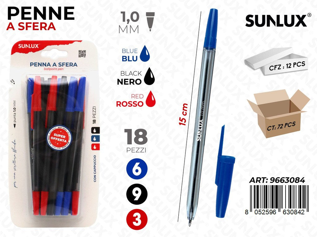 Sunlux Penne a Sfera 3COL. 18PCS 1.0MM 15CM