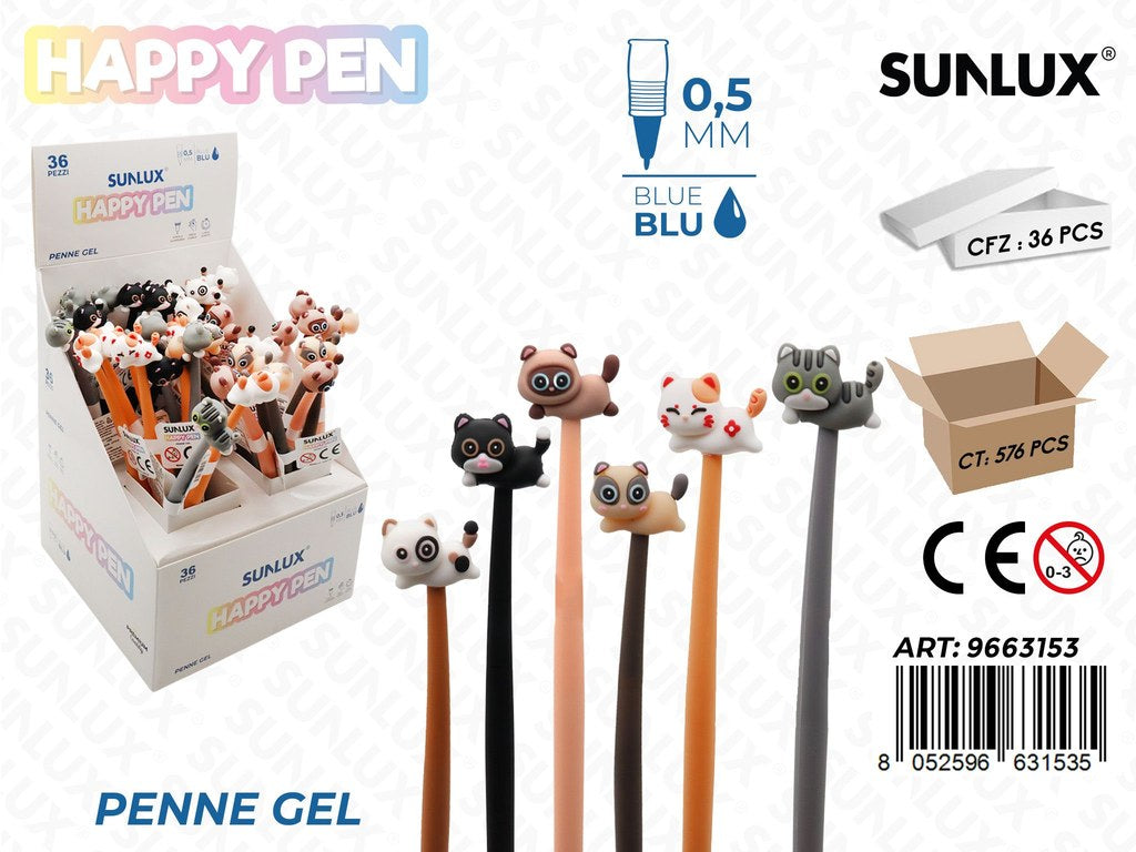 Happy Pen Gel Ass. Blu 0.5Mm Gatto