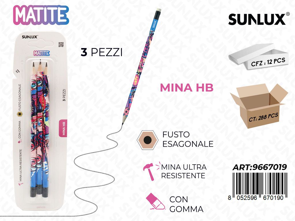 Matite Anime 3Pcs Hb Con Gomma