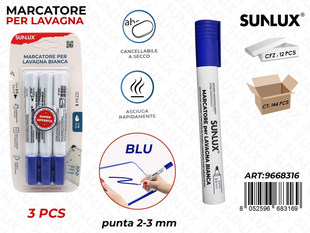 Sunlux Bl. Marcatore Lavagna Blu 3PCS 2-3MM