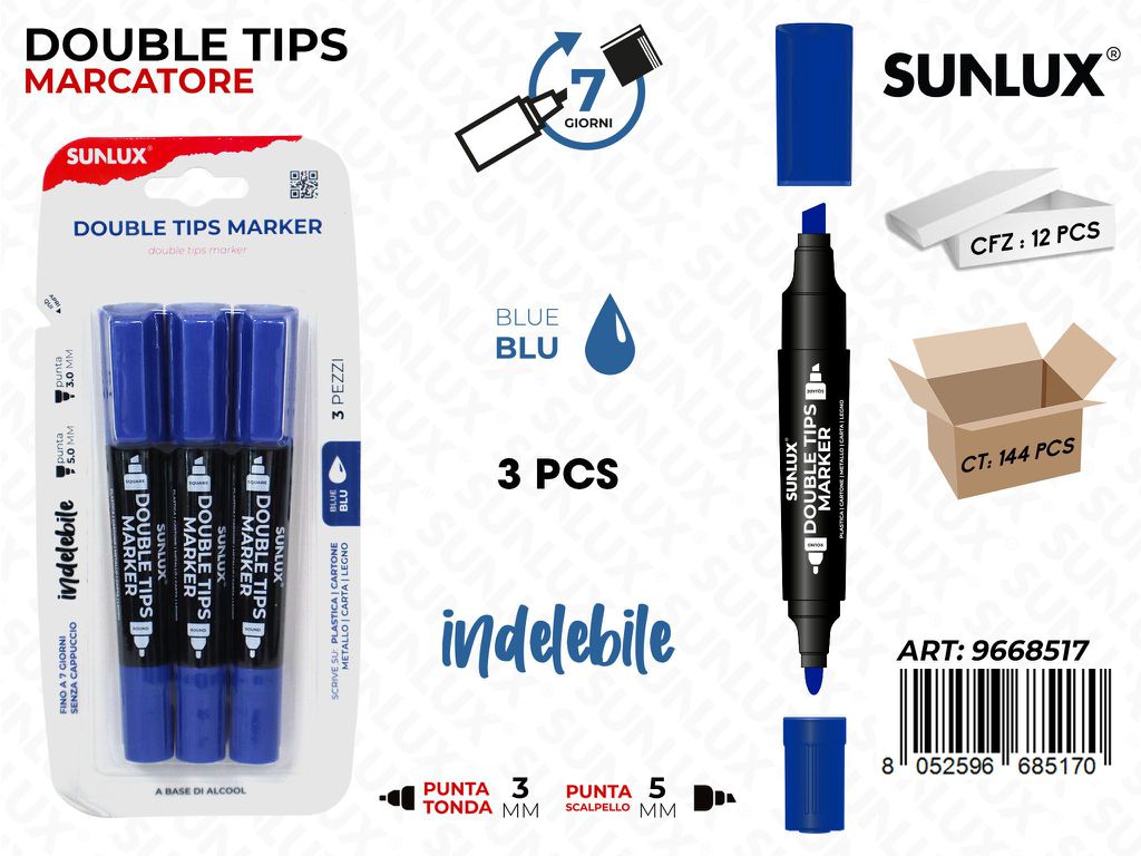 Sunlux Double Tips Marker Blu 3PCS 3-5MM