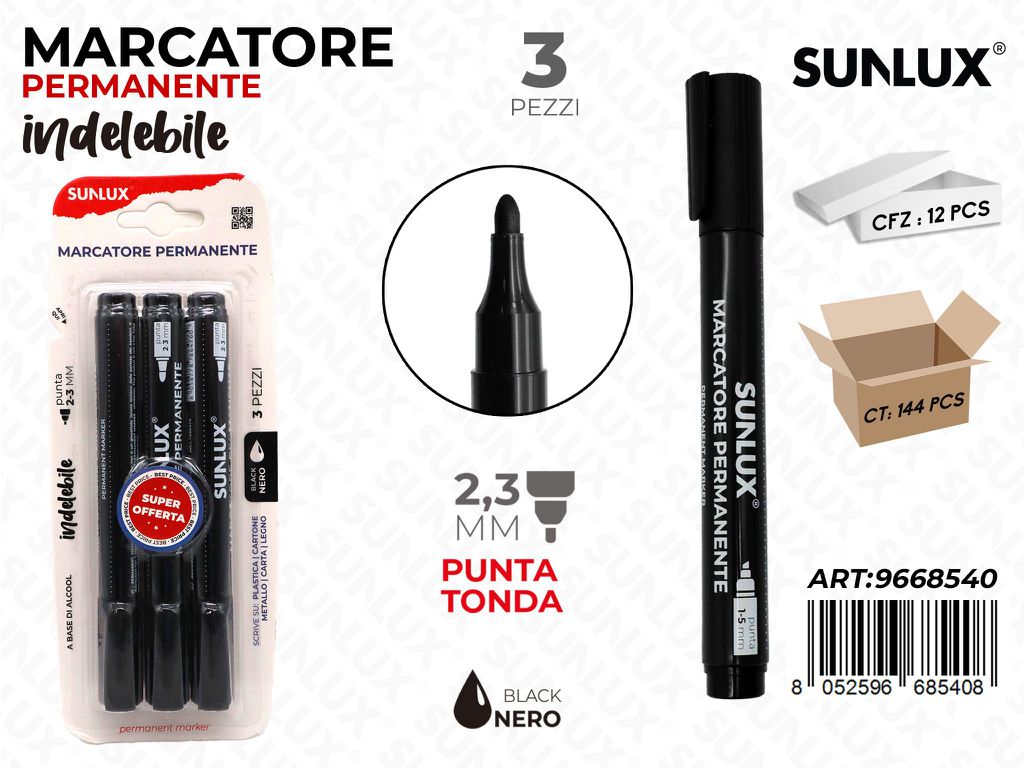Sunlux Marcatore Perman. Indel. Nero 3PCS 2.3MM