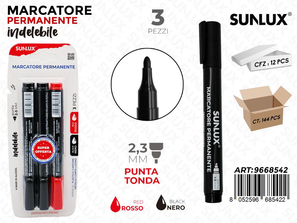 Sunlux Marcatore Perman. Indel. Nero/Rosso 3PCS 2.3MM