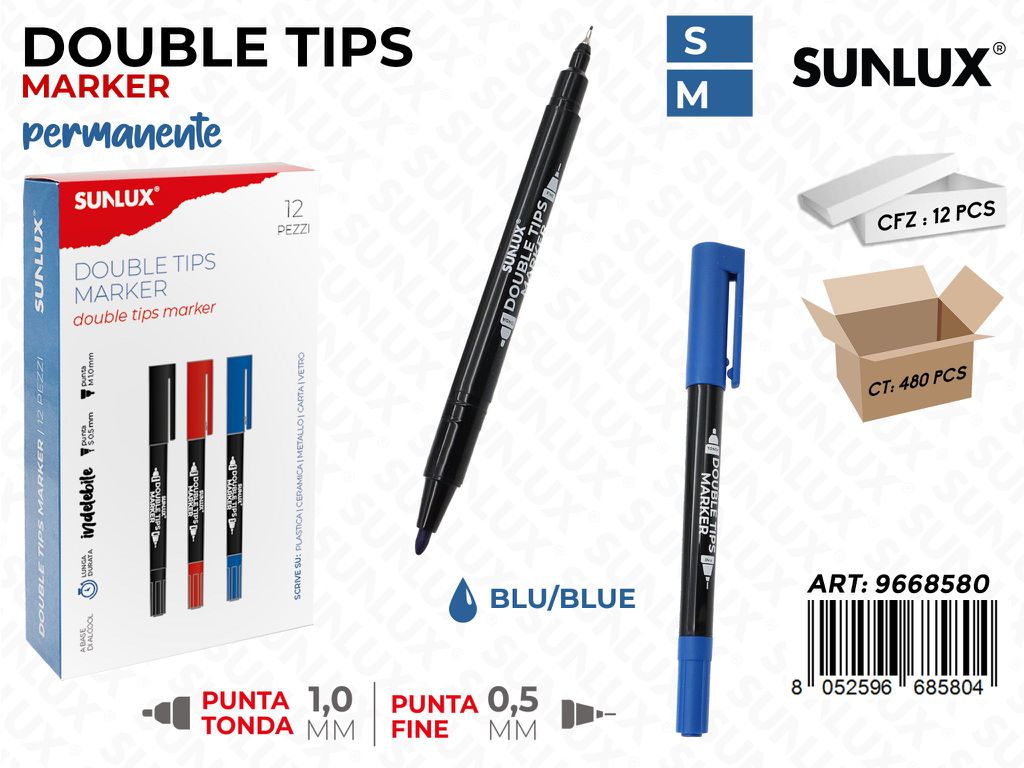 Sunlux Double Tips Marker Perm. Blu