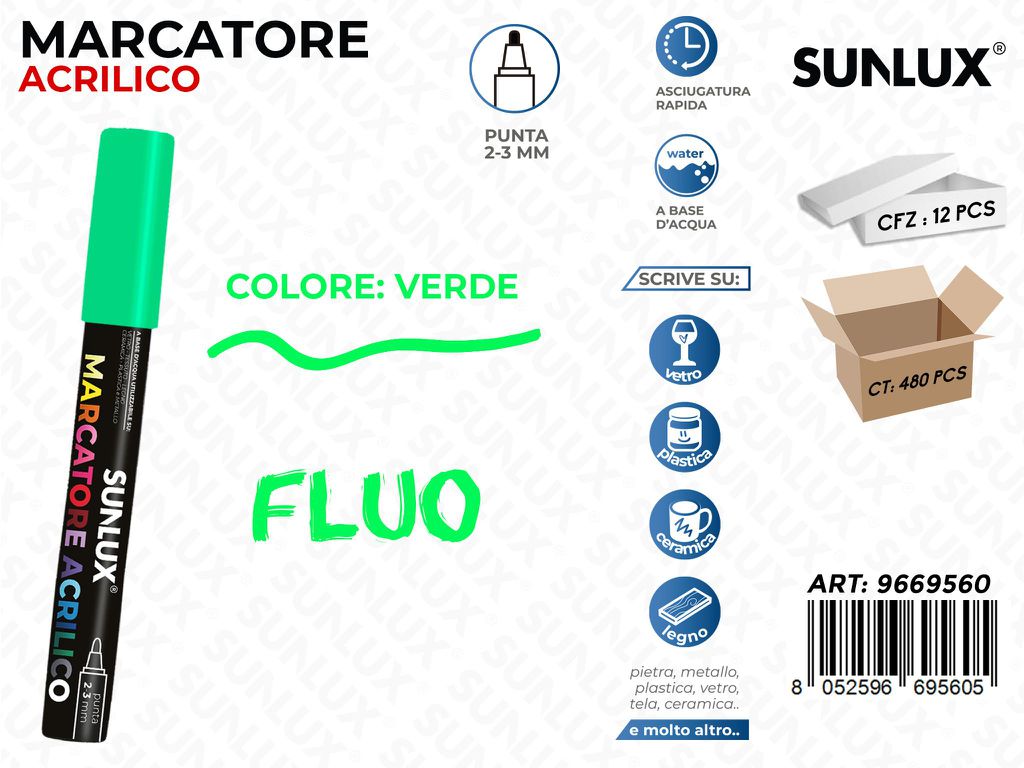 Sunlux Marcatore Acrilico Verde Fluo 2-3MM