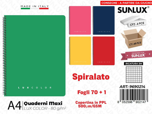 Maxi Quaderni 5M A4 Luxcolor Spiral. Ppl 70FF 80GR