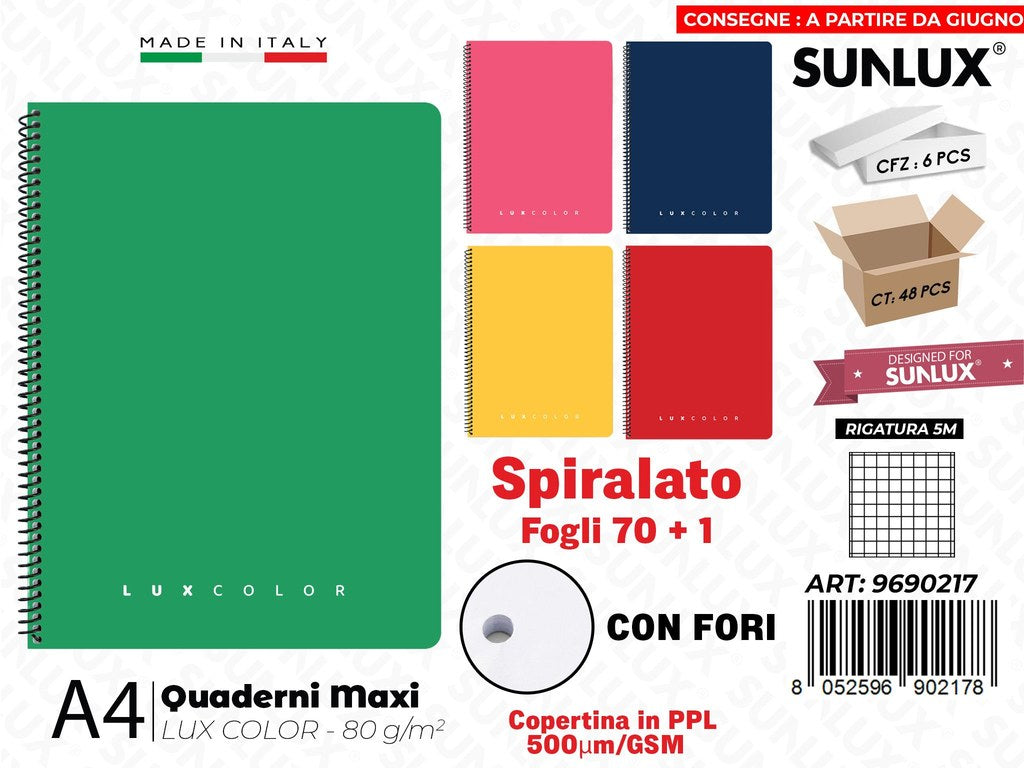 Maxi Quaderni 5M A4 Luxcolor Spiral. Ppl 70FF c/Fori 80GR