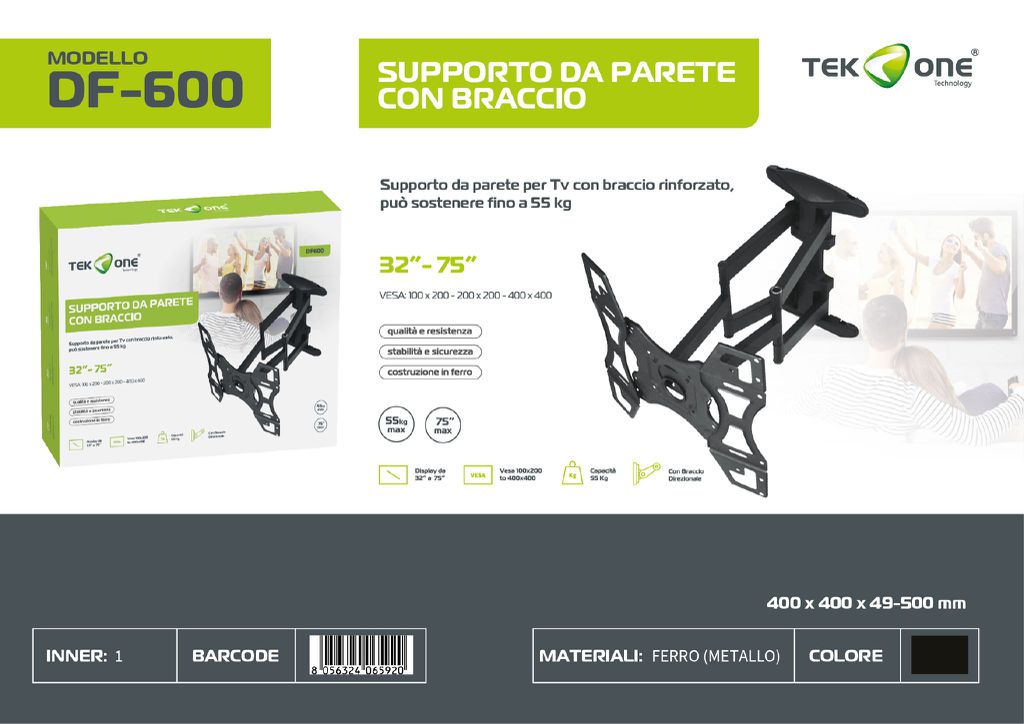 Supporto Tv Con Braccio 32-75'' Max Portata 55KG