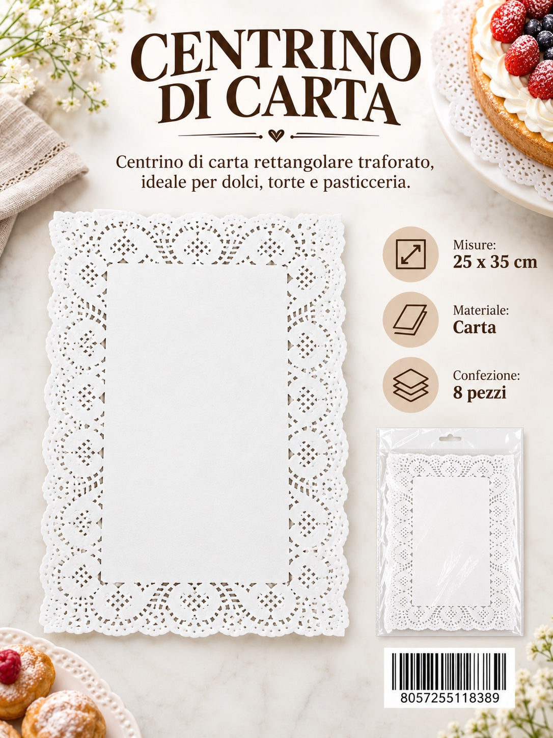 11838 Centrino Dolci Rettangolare 25X35Cm*8Pz