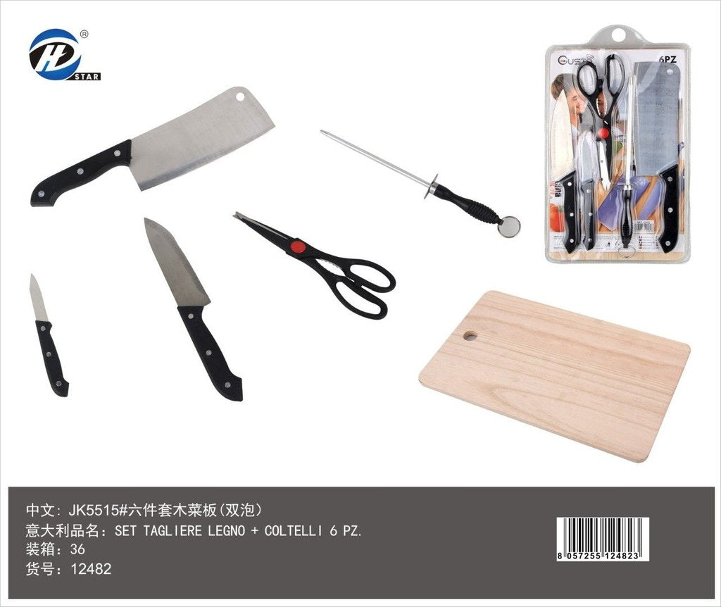 Set Tagliere Legno + Coltelli 6Pz Ct 24