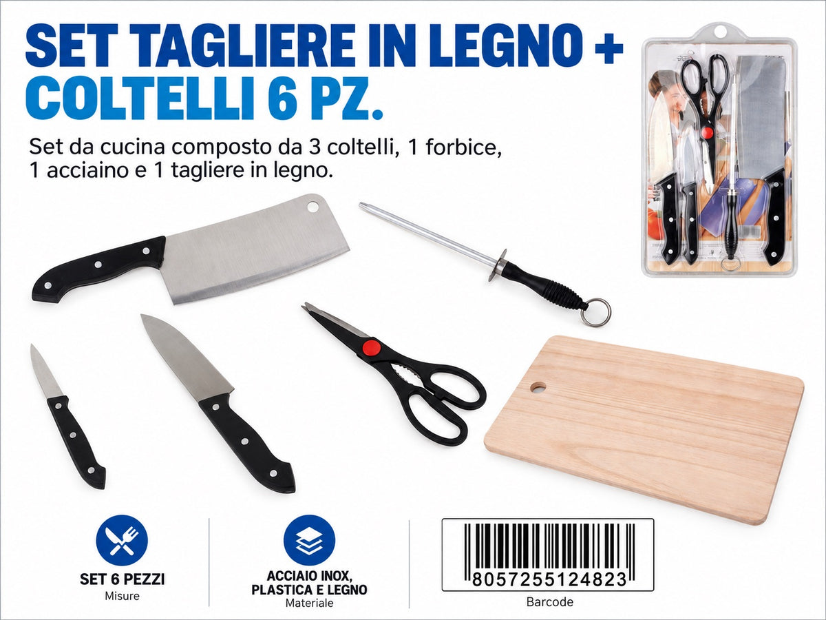 Set Tagliere Legno + Coltelli 6Pz Ct 24