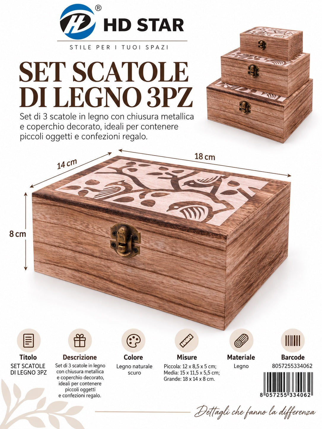 33406 Set Scatole Di Legno 3Pz Ct 48
