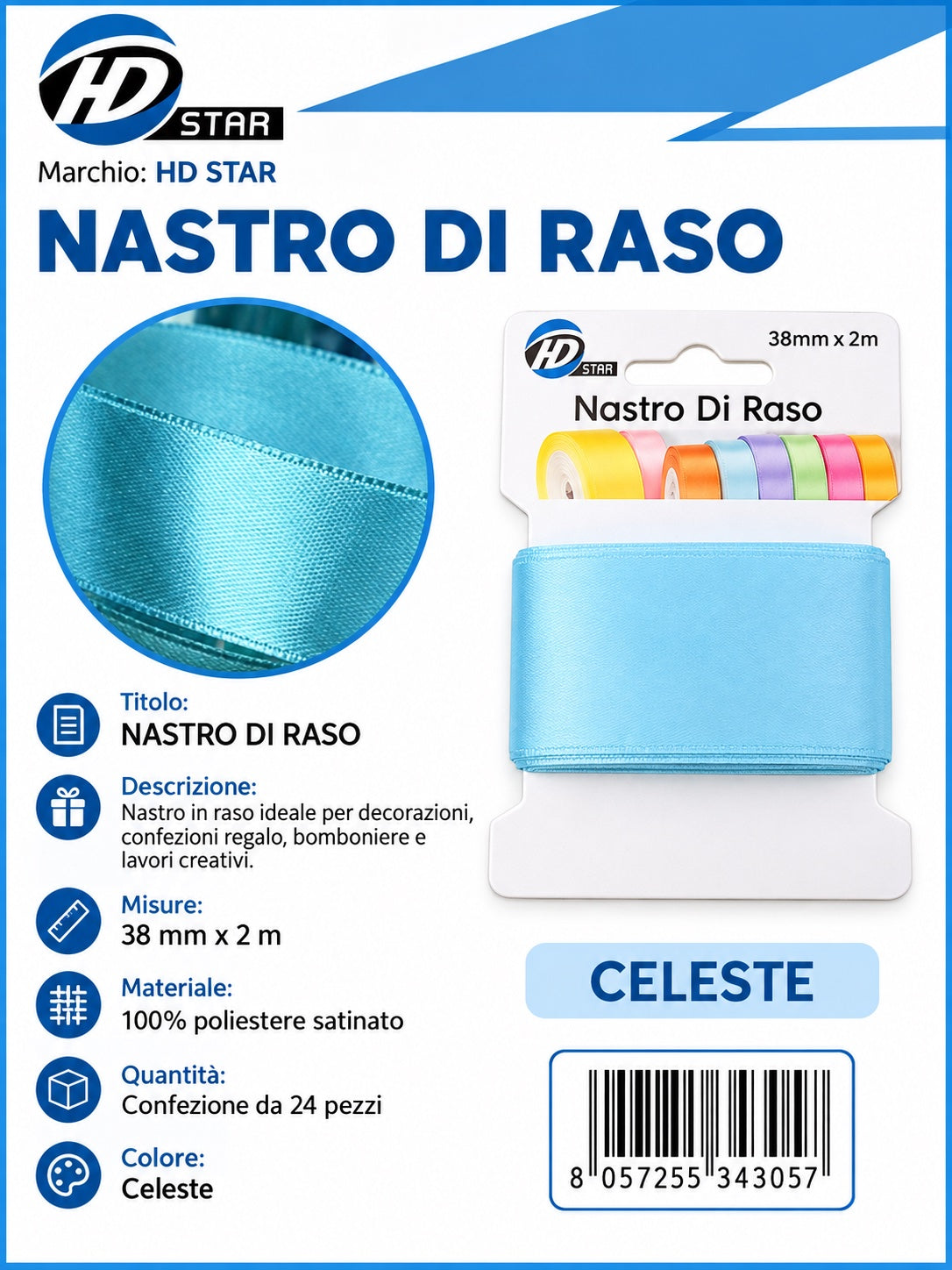 Z34305 Bb Nastro Di Raso 38Mm*2M Celeste