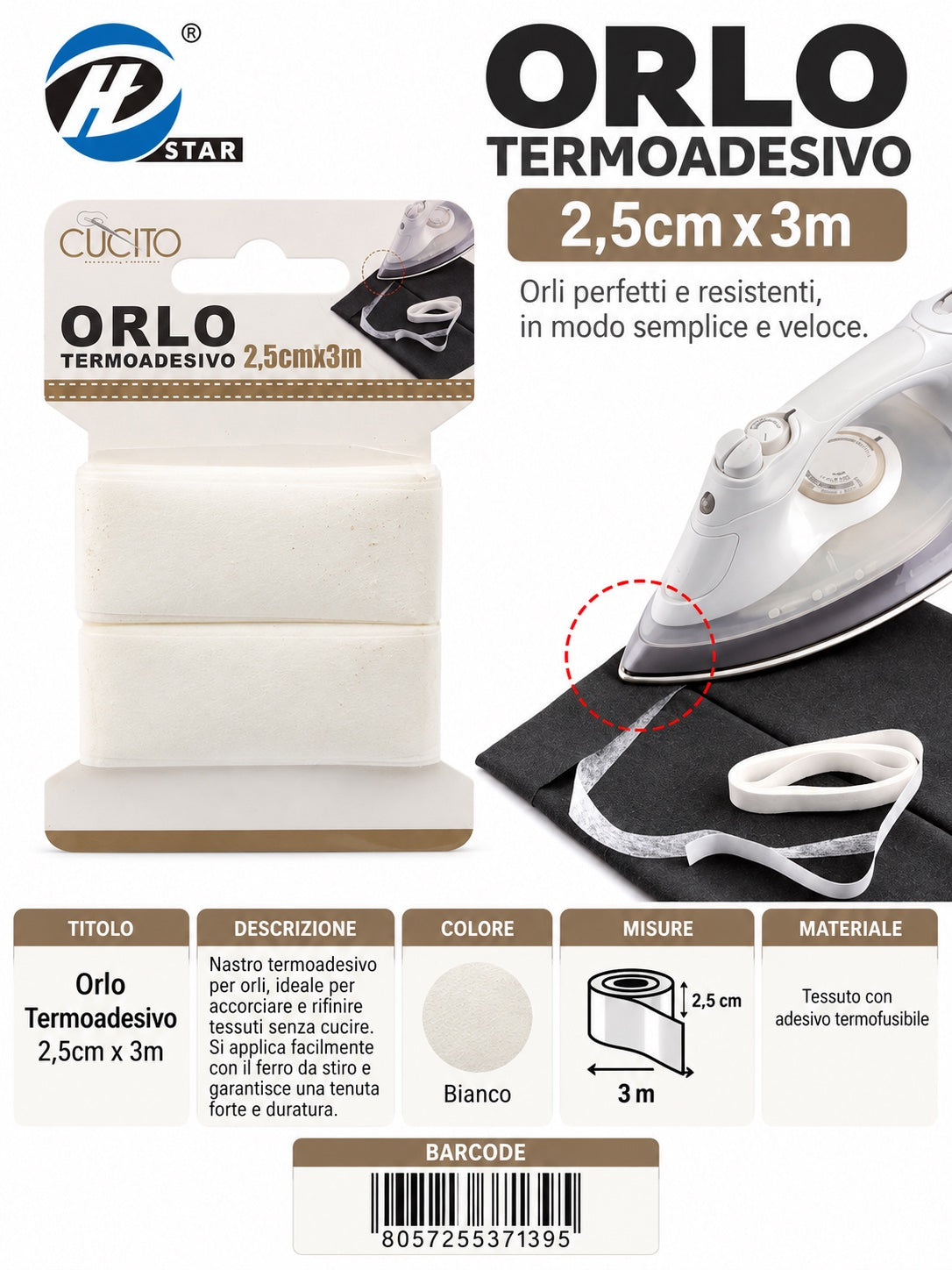 Fettuccia Orlo Termoadesivo 2.5Cm*300Cm