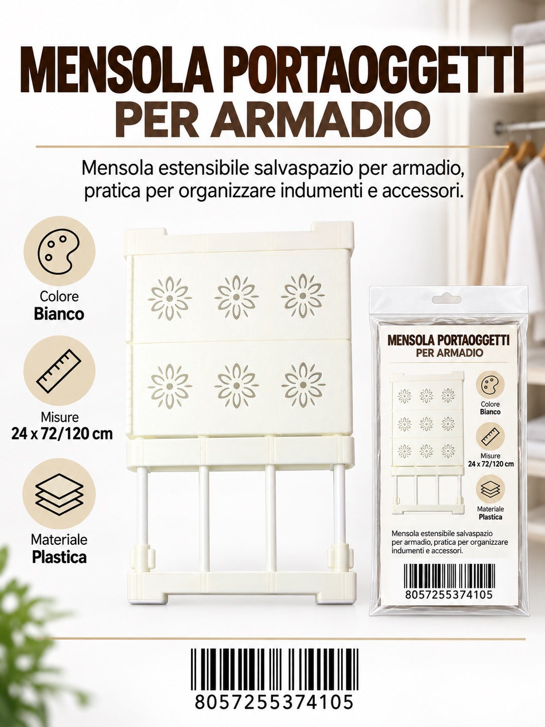37410 Mensola Portaoggetti Per Armadio 24Cm 72-120Cm Ct 25