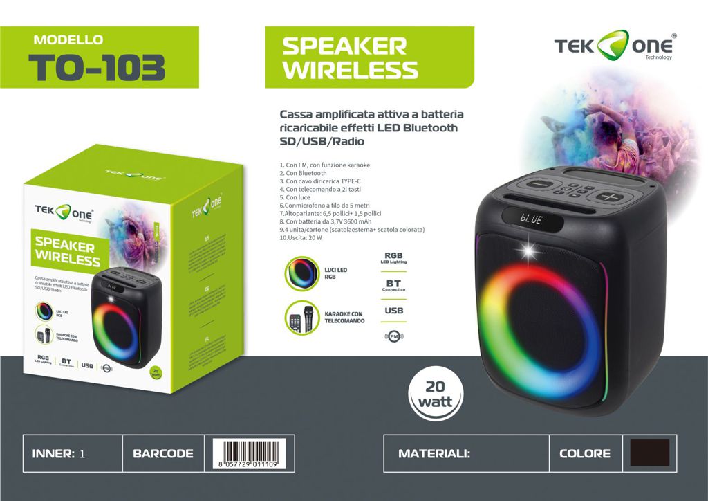 Cassa Bluetooth Con Radio Fm Karaoke Rgb