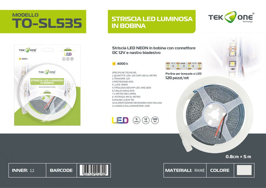 Striscia Led In Bobina 5M 120LED Luce Naturale 4000K