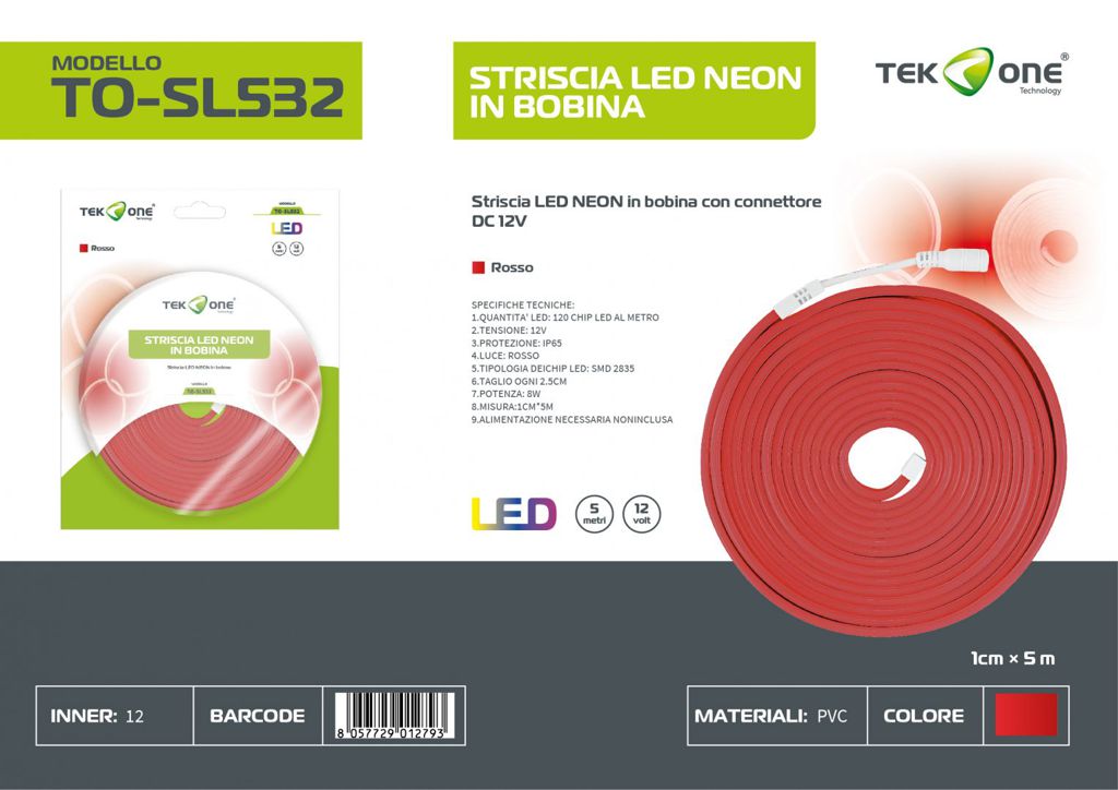 Striscia Led Neon In Bobina 5M 120LED Luce Rossa