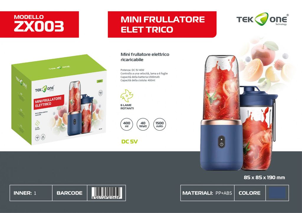 Mini Frullatore Elettrico Ricaricabile Dc 5V 1500mAh 400ML 40W