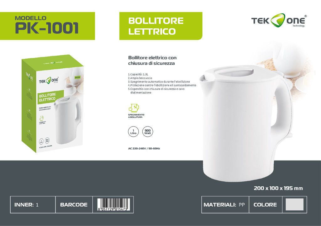 Bollitore Elettrico 220-240V 50-60Hz 750-900W 1.0L