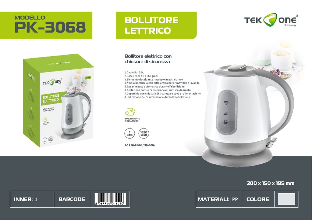 Bollitore Elettrico 220-240V 50-60Hz 1350-1600W 1.0L