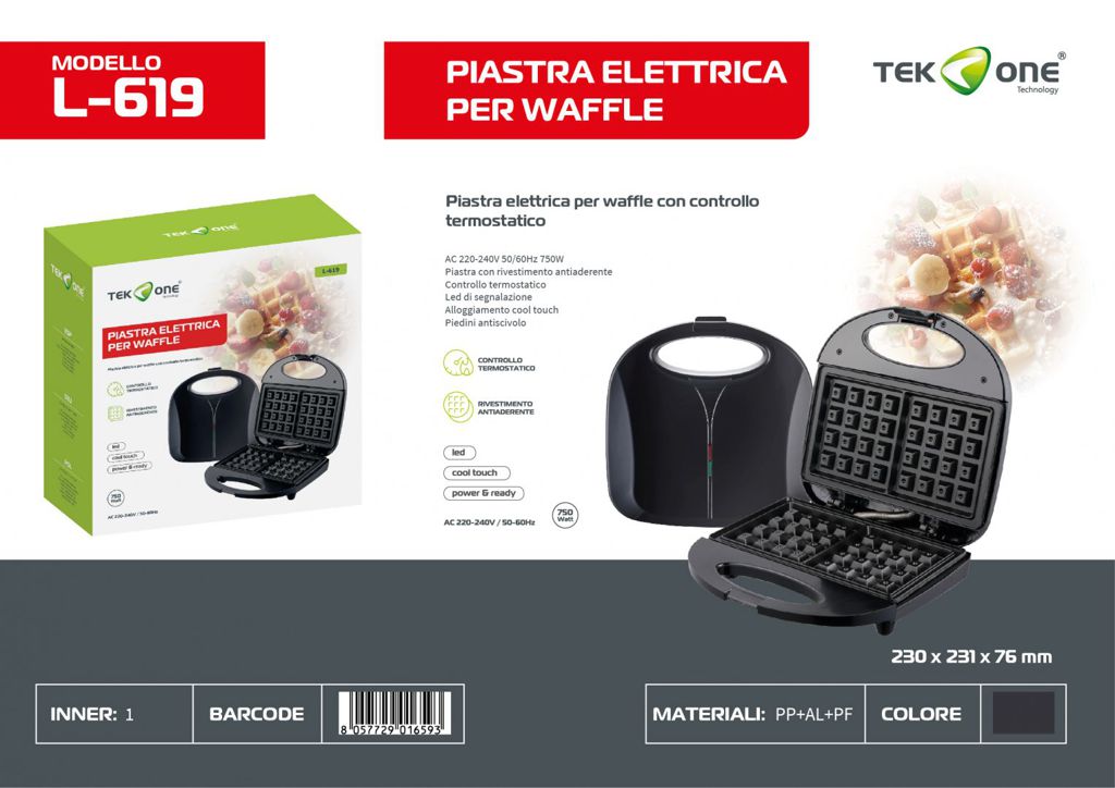 Piastra Elettrica Per Waffle 220-240V 50-60Hz 750W