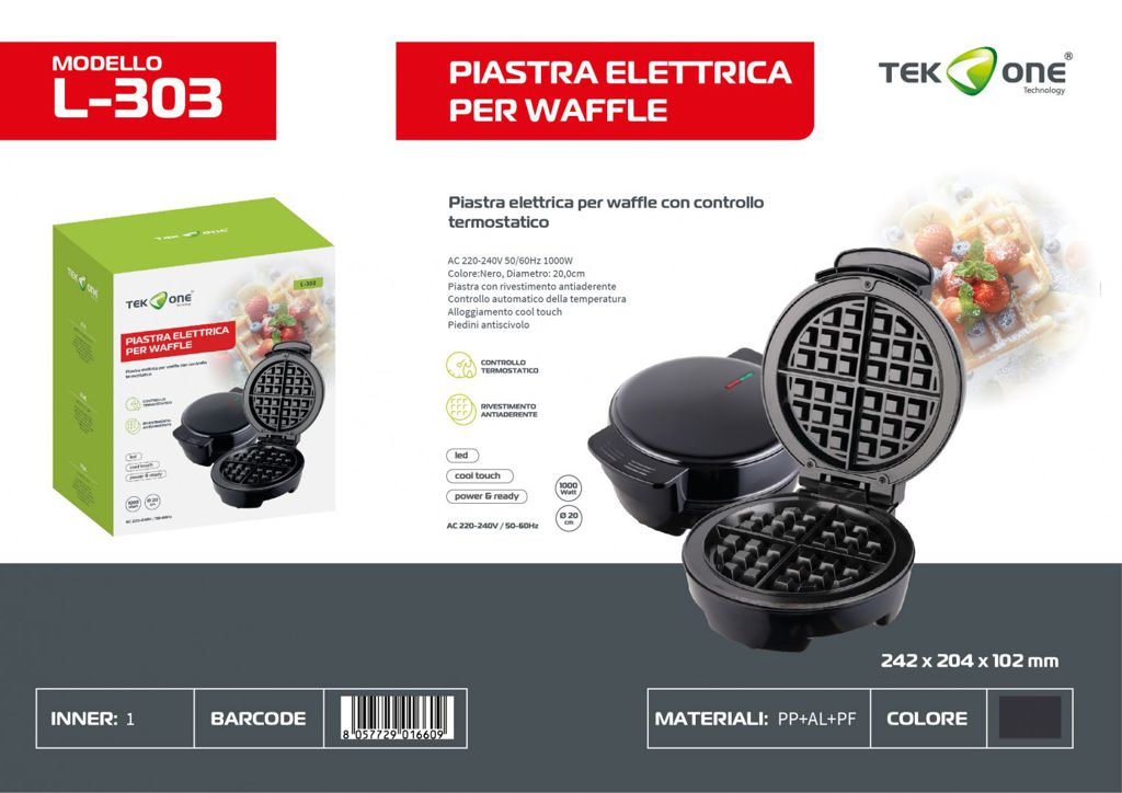 Piastra Elettrica Per Waffle 220-240V 50-60Hz 1000W