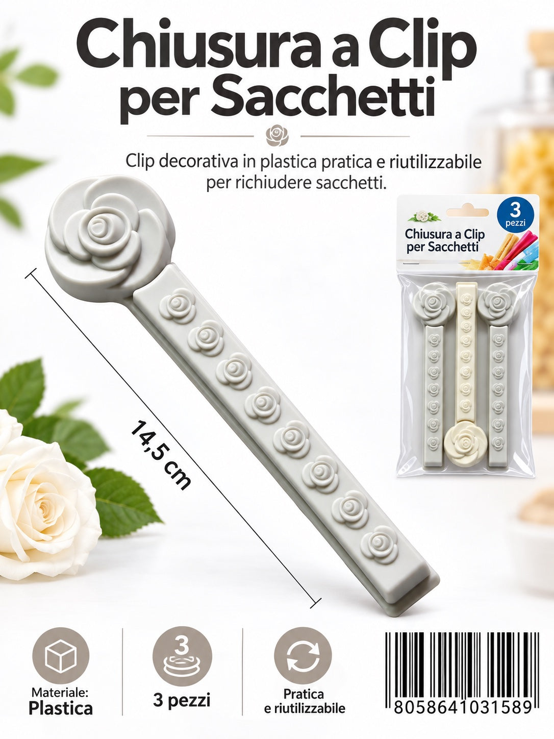 03158 Clip Chiusura Per Sacchetti 14.5Cm 3Pz Ct 240