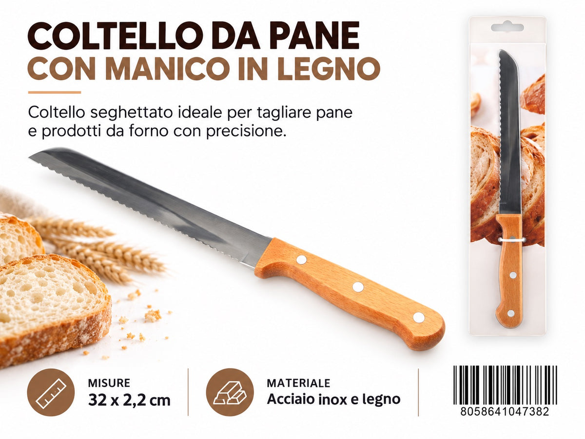 04738 Coltello Da Pane Con Manico In Legno 31.5*2.2Cm